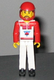 LEGO tech020 Technic Figure White Legs, White Top with Red Vest, Red Arms, Black Hair, Red Helmet (set 8714)